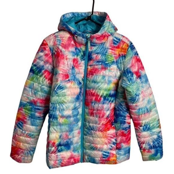 Lands’ End Kids ThermoPlume Packable Hooded Jacket XXL Husky Rainbow Tie Dye - Picture 1 of 11